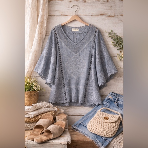 Kindred Anthropologie Slate Blue-Grey Lace Kimono-Style Blouse~ Size Medium. - Picture 2 of 12